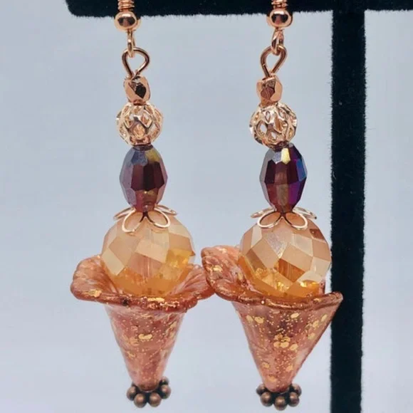 🎁⭐️Hand painted boho watercolor earrings-peach and copper drop - Picture 3 of 9